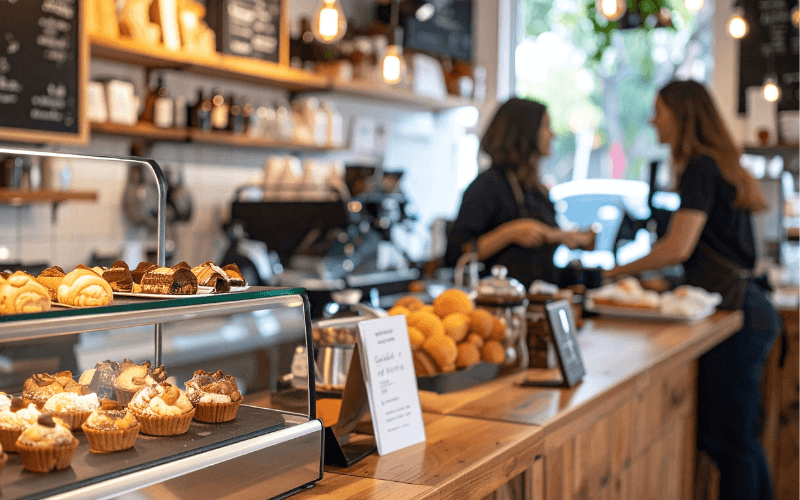 Café-Theke mit Gebäck und Personal im Gespräch