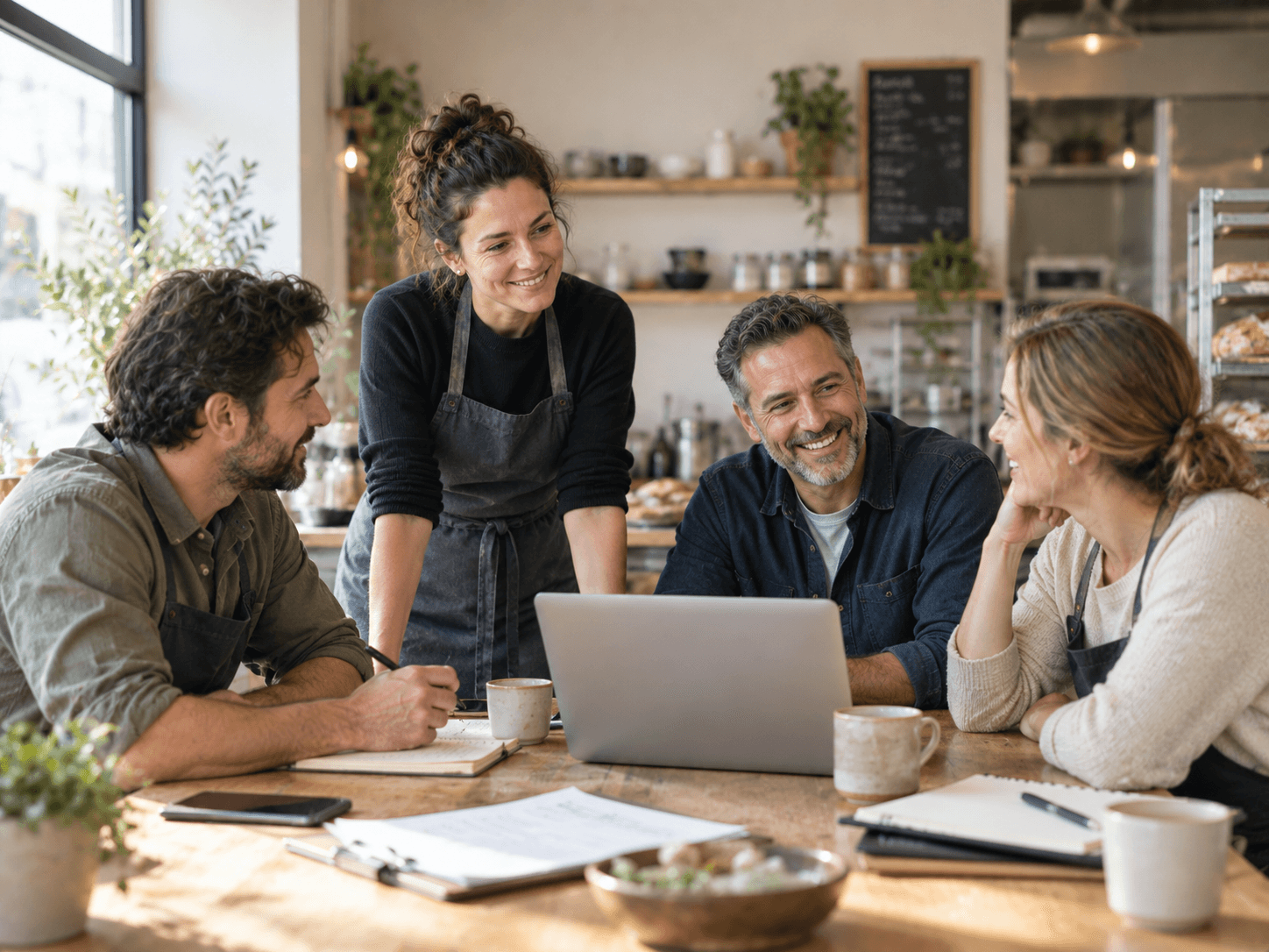 Team eines kleinen Unternehmens bespricht sich gemeinsam am Laptop