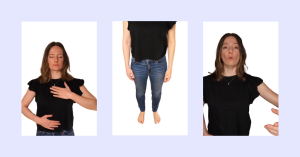 A collage of 3 portraits with the same woman doing three different exercises to warm-up the voice