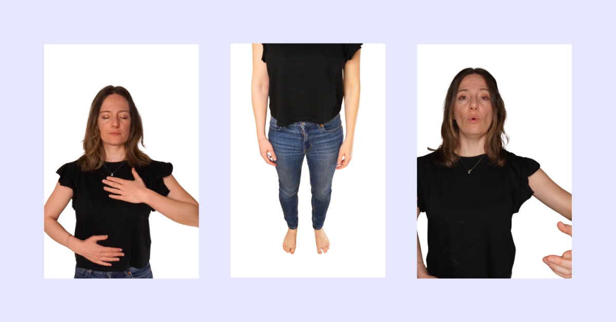 A collage of 3 portraits with the same woman doing three different exercises to warm-up the voice